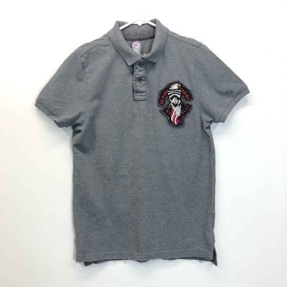 Ed Hardy Tattooing Eagle Embroidered Polo Shirt Short Sleeve‎ Men’s Small Grey - Picture 1 of 7